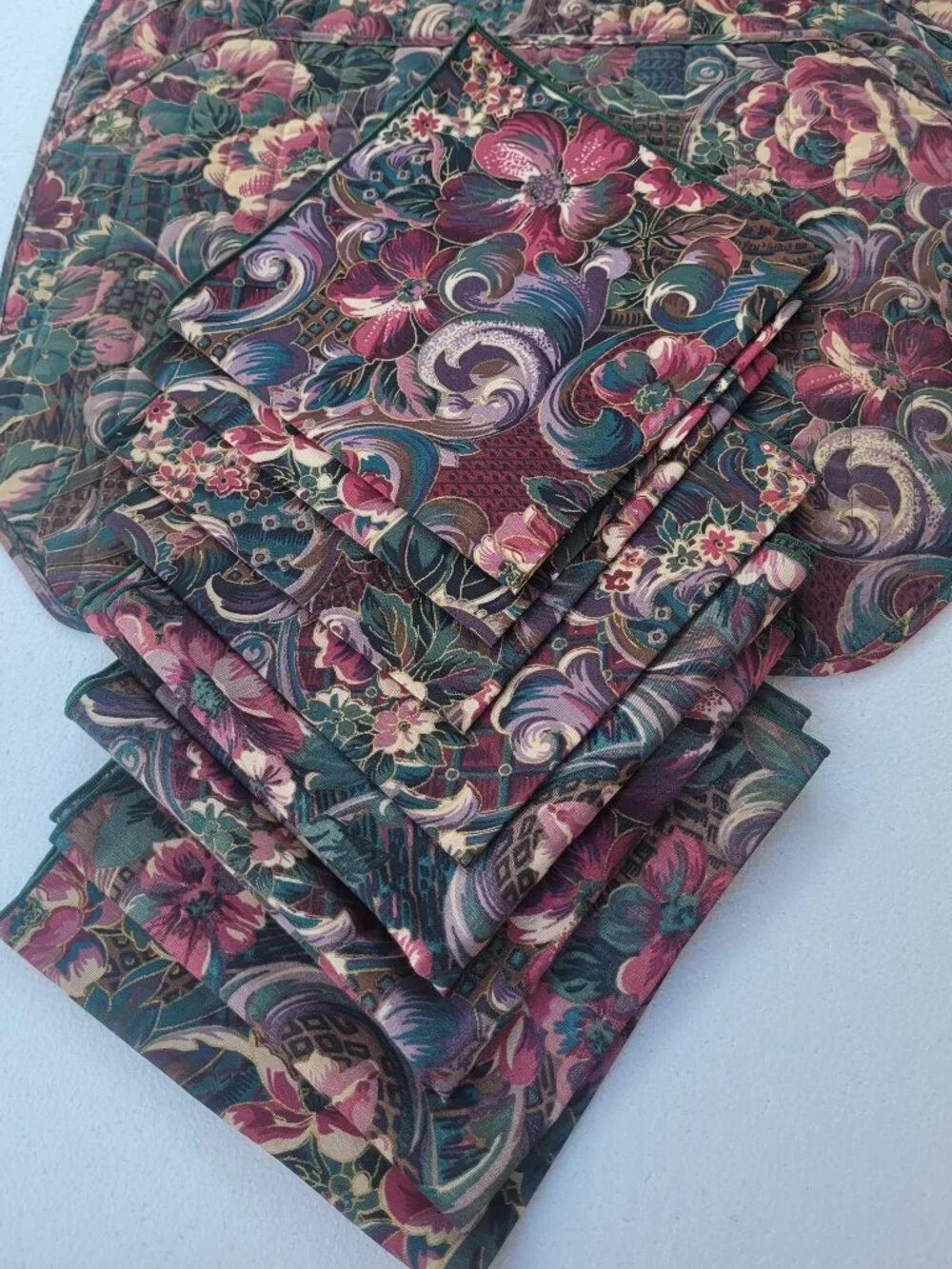 VTG Quilted Placemats & Napkins Set of 9 Floral Jewel Tone Tapestry EUC